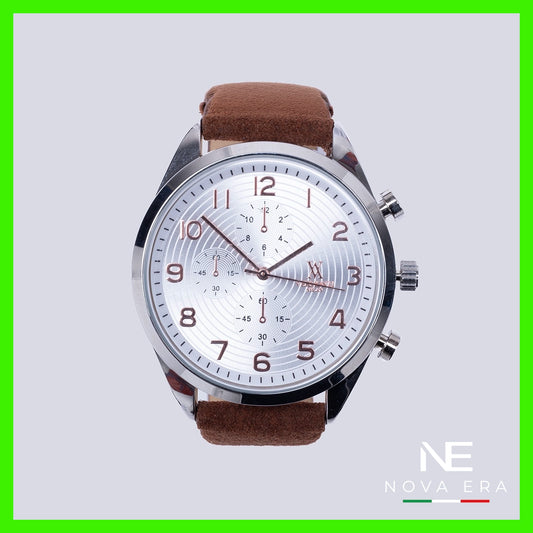 Reloj análogo plateado correa café Nova Era | Vermonti HC407